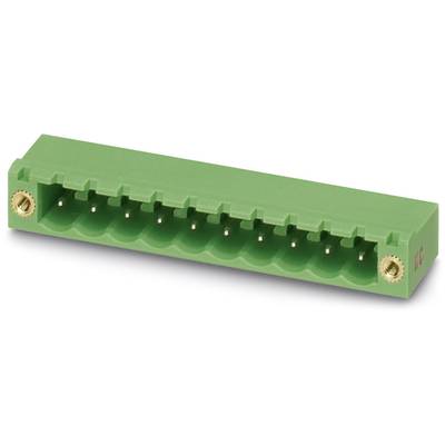 Green electrical connector with multiple contact pins in a row, suitable for electronic circuit boards or devices.