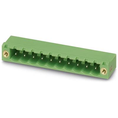 Green connector with ten pins in a single row, used for electronic connections.