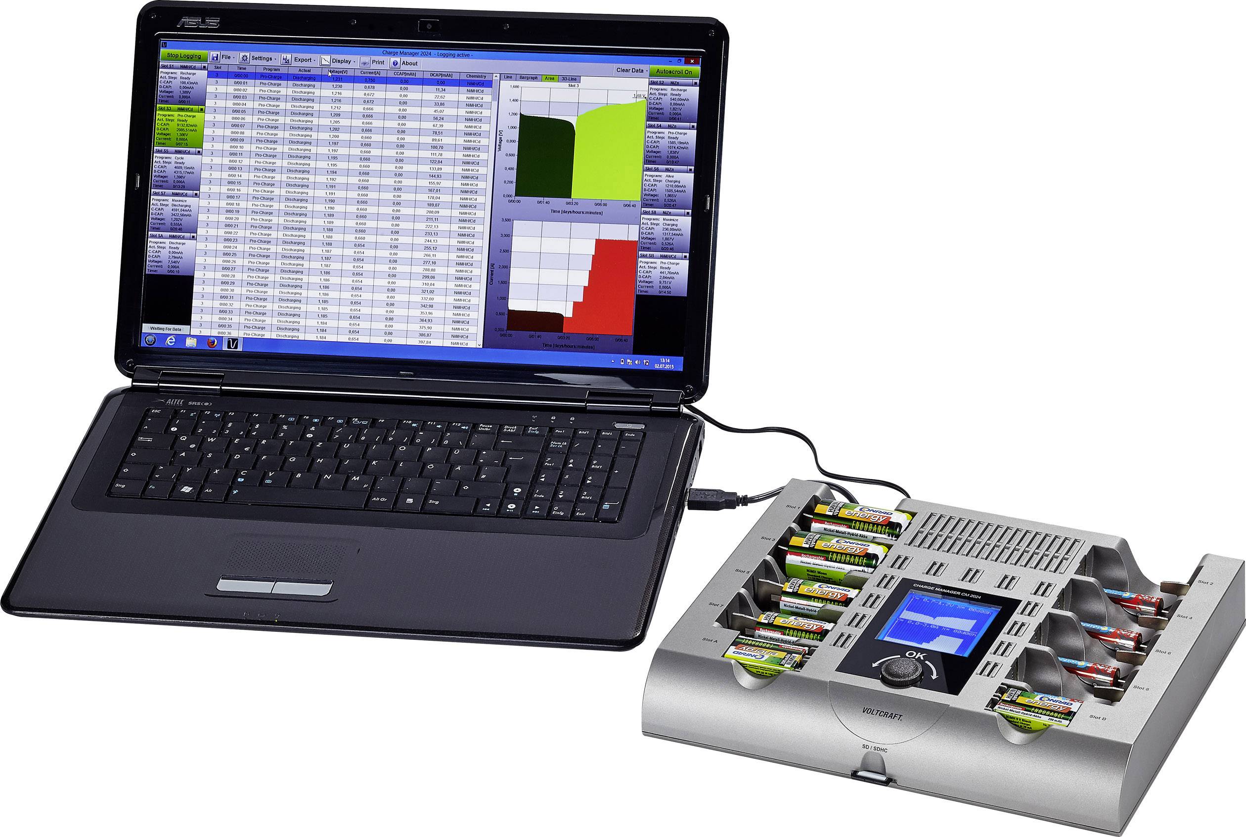 Laptop with an open spreadsheet and charts, connected to a professional charger that monitors and charges batteries.