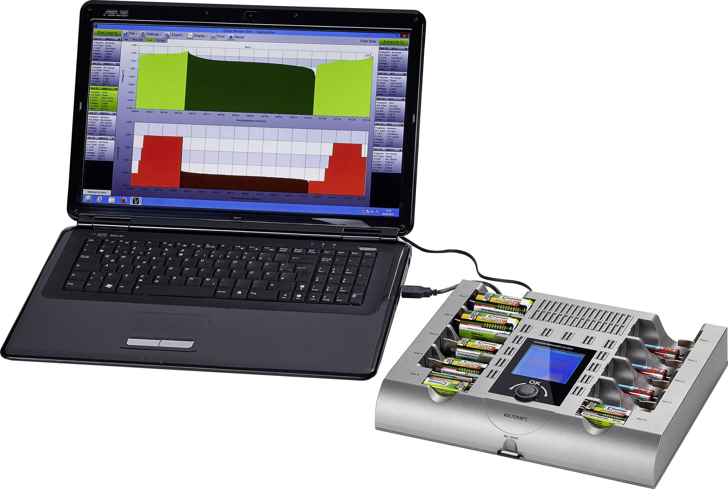 A laptop displays graphical data from a battery testing device that is checking multiple batteries for their performance.