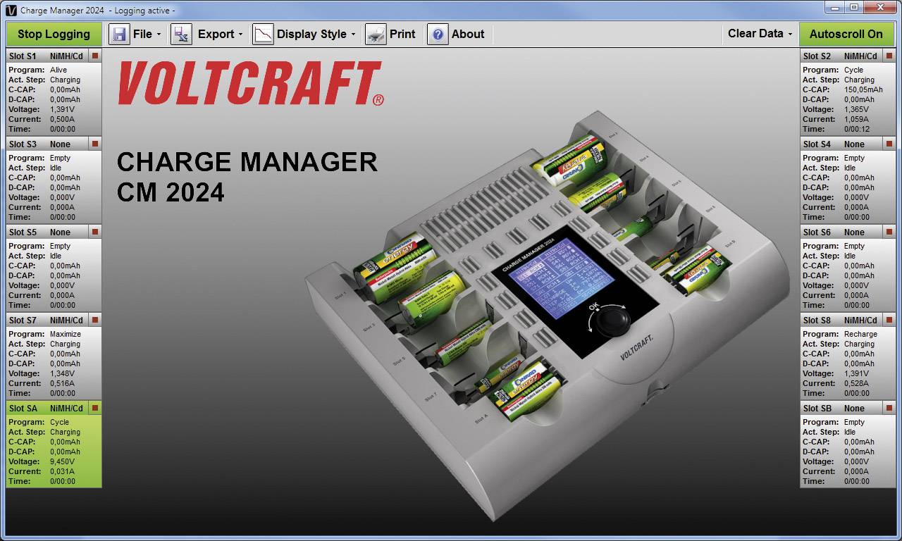 Battery charger with eight AA batteries in the charging process. LCD display shows charging information. 'VOLTCRAFT CHARGE MANAGER CM 2024' is displayed on the left.