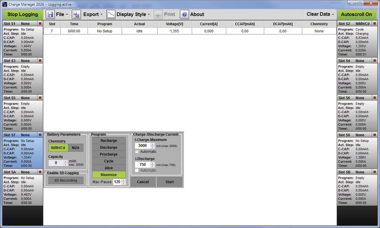 Screen of a software program for managing charging processes with tables and parameter settings for batteries.