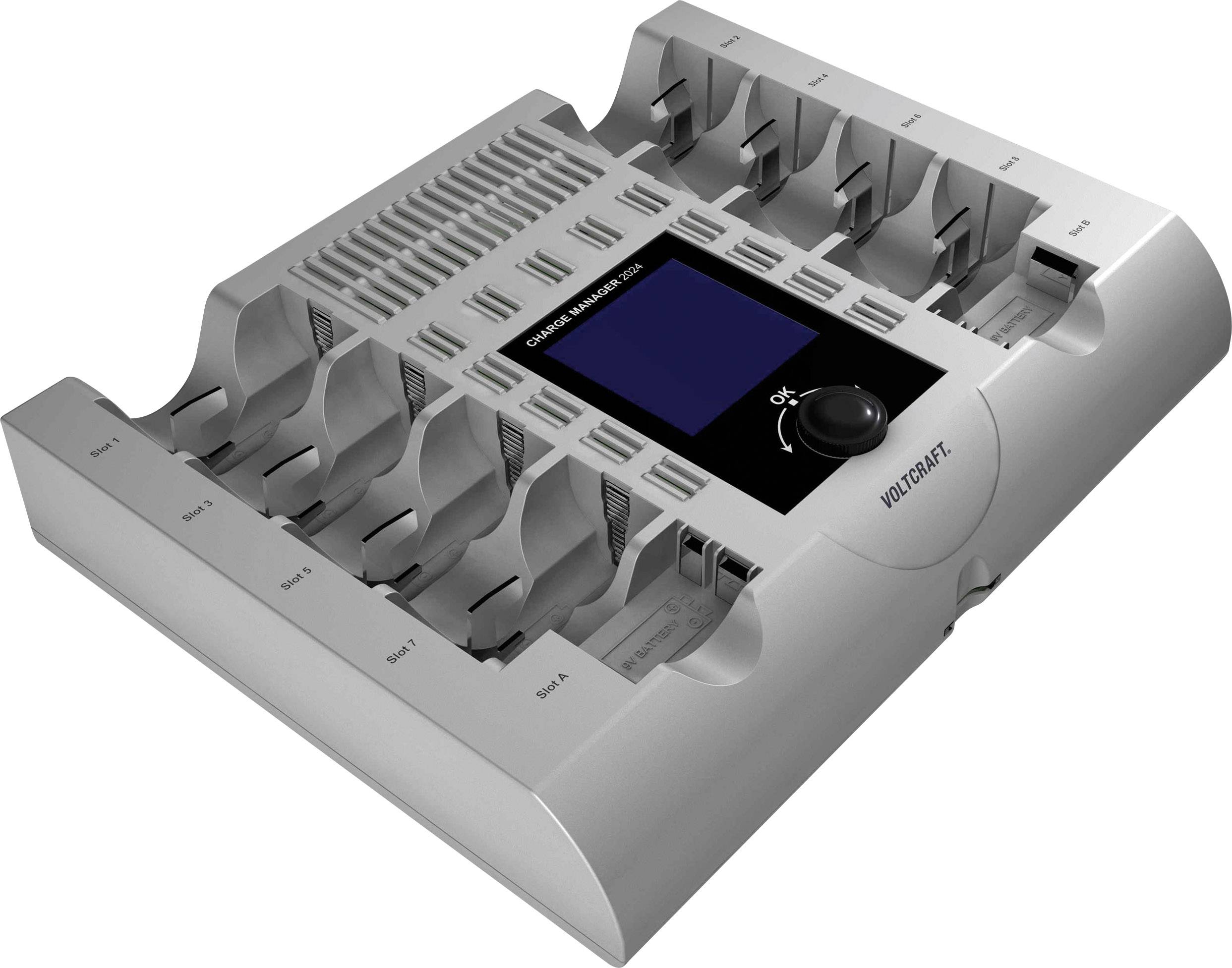 Battery charger with a digital display and multiple charging slots for various battery types. Branded as 'Voltcraft'.
