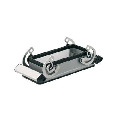 Rectangular metal and plastic box with side closures and an open lid. Suitable for technical applications.