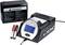 Battery charger with display showing '13.6V' and '0.34A'. Next to the charger is a car battery with warning labels.