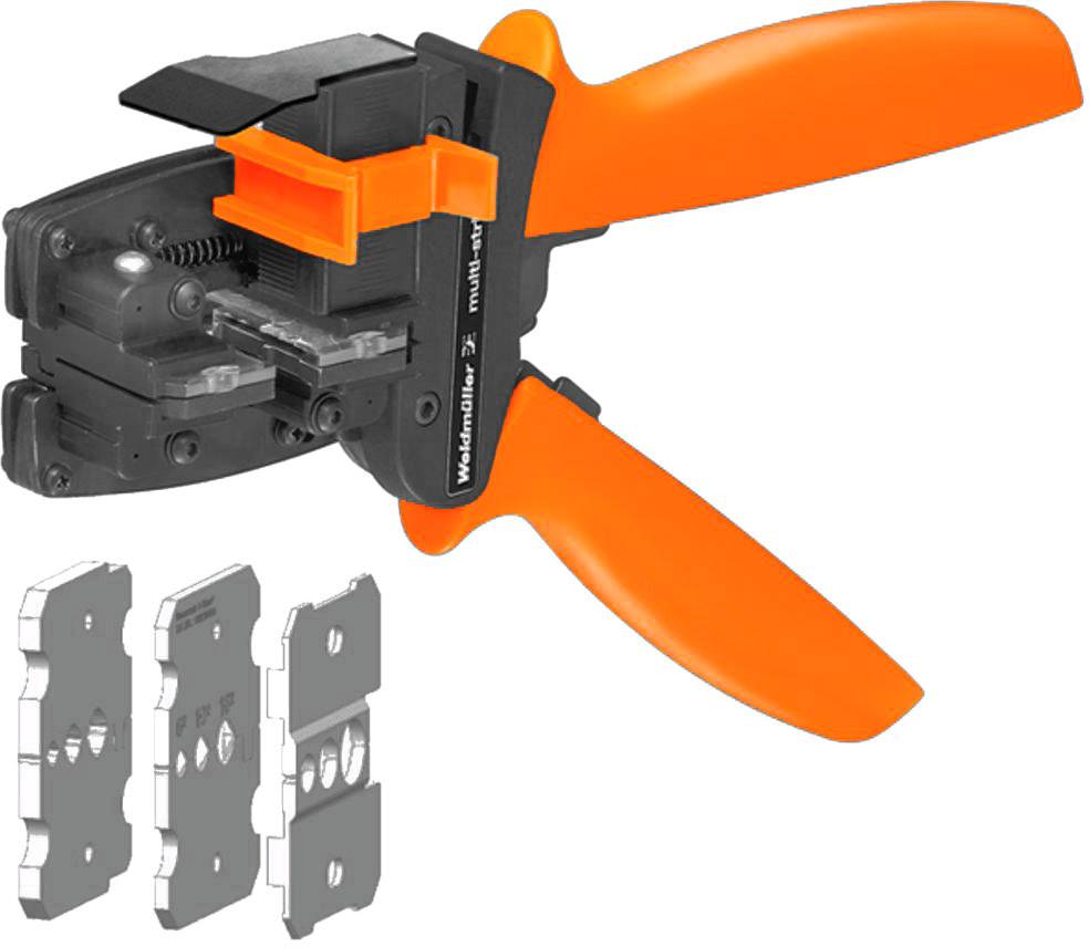 Electric crimping tool with orange handle and interchangeable matrices for cable connections.