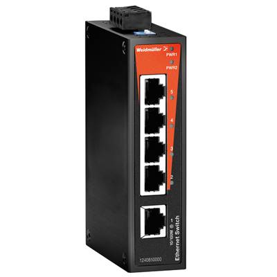 Industrial Ethernet switch from Weidmüller with five Ethernet ports, suitable for use in network installations.