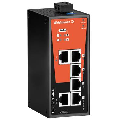 A black Ethernet switch from Weidmüller with six Ethernet ports and PoE+ support, suitable for industrial networks.