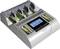 Battery charger with inserted batteries of various sizes, LED display showing charging progress and status details. Brand name visible.