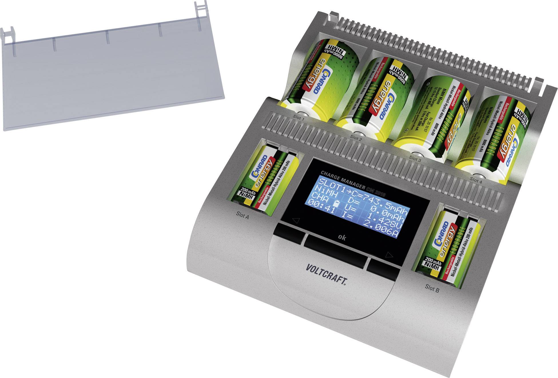 'Charger with four charged batteries, display shows charging information. Cover placed beside it. Brand: VOLTCRAFT.'