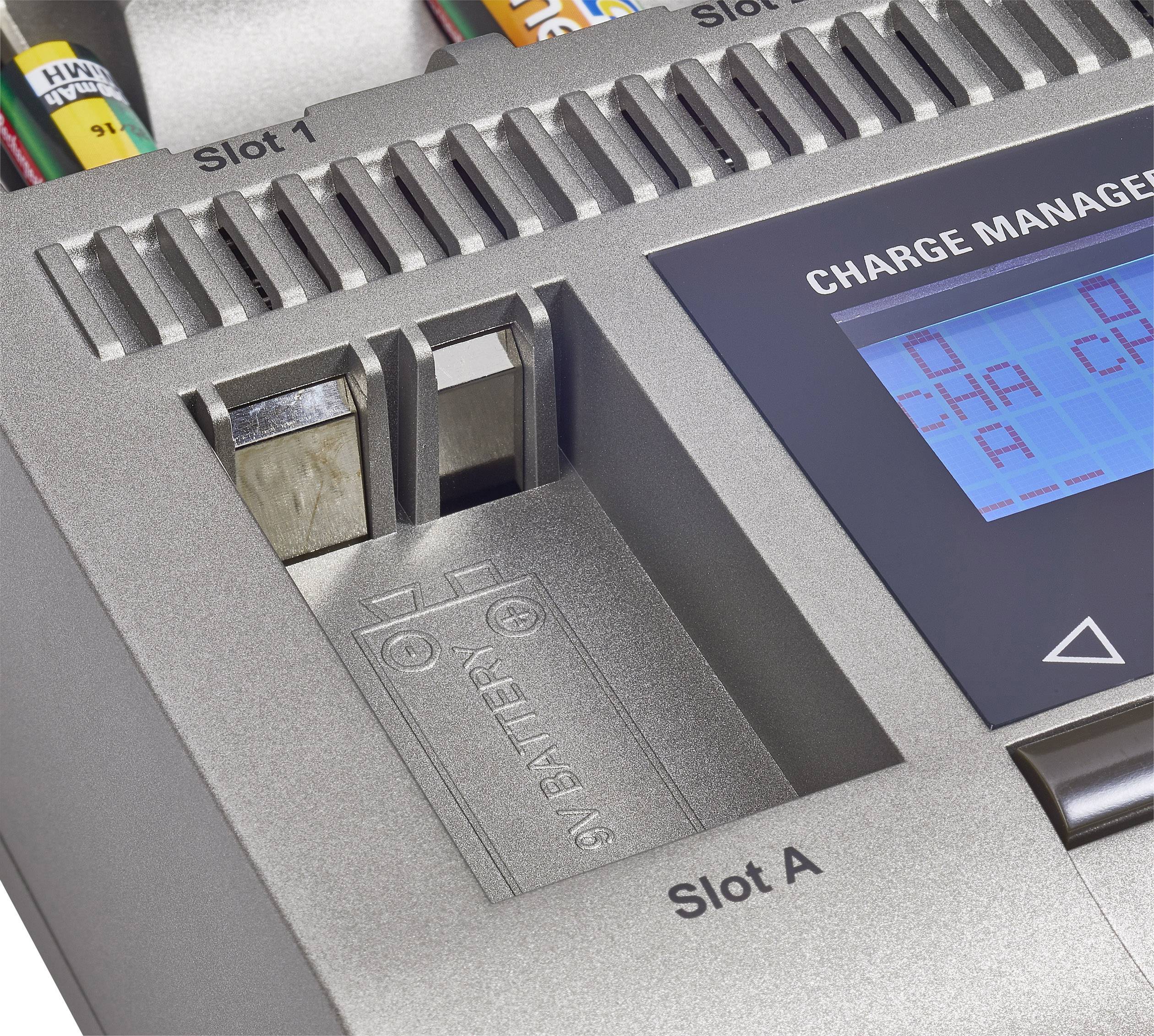 Electronic charger with multiple charging slots, display showing charging status. One battery compartment is open.