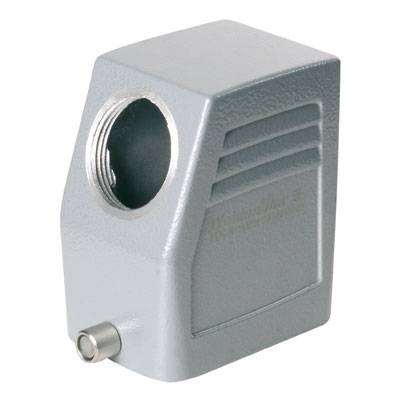 A grey enclosure with a round opening at the top and a smaller connection at the bottom, suitable for industrial electrical connectors.