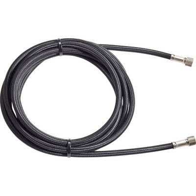 Black braided hose with metal connectors at both ends, laid out on a flat surface. Suitable for pneumatic systems.