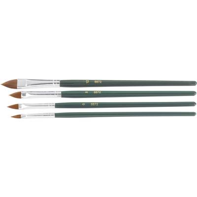 Four green brushes with brown bristles, varying in size, lie horizontally side by side. They are numbered '2', '4', '8', '12'.