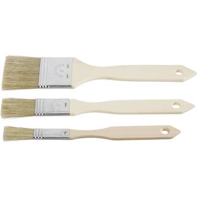 Three brushes of different sizes lie side by side. They have wooden handles and light-coloured bristles, suitable for painting work.