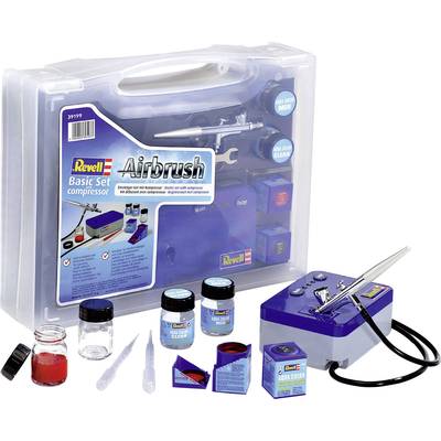 Revell Airbrush Set with Compressor, Paints, Pipettes and Instructions. Ideal for evenly applying colours on model-building projects.