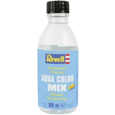 Plastic bottle with blue label inscription 'Revell Aqua Color Mix'. Contains 100 ml thinner for modelling paint.
