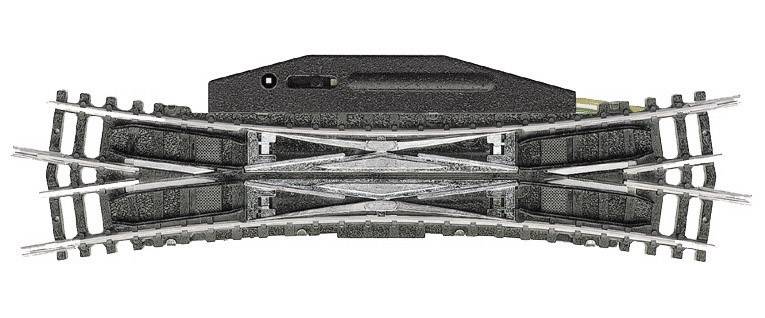 A steel railway points system that enables different track routes. It shows multiple branch lines and is suitable for model railways.