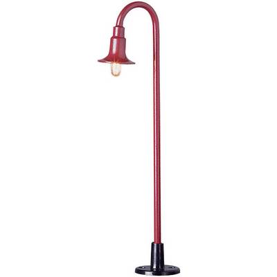Red standing lamp with a curved, serpentine stem and black base, which provides soft illumination.