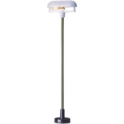 Floor lamp with a round, flat lampshade, green stem and black base.