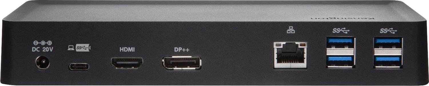 A black docking station with ports: power, USB-C, HDMI, DisplayPort, Ethernet and four USB ports.