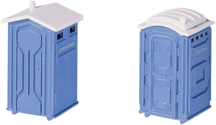 Two blue portable toilets on a white background. Both have white roofs and ventilation slots.