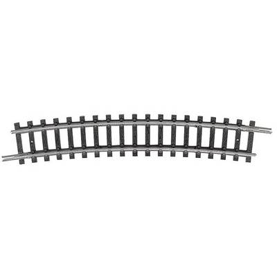 A short, curved model railway track section, consisting of black sleepers and silver rails, viewed from a bird's-eye perspective.