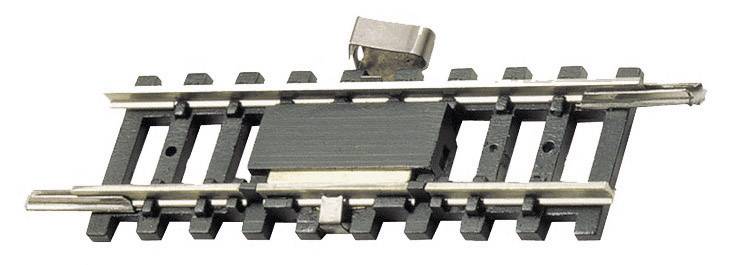 A small piece of model railway track with a magnetic uncoupling element in the middle for separating wagons.