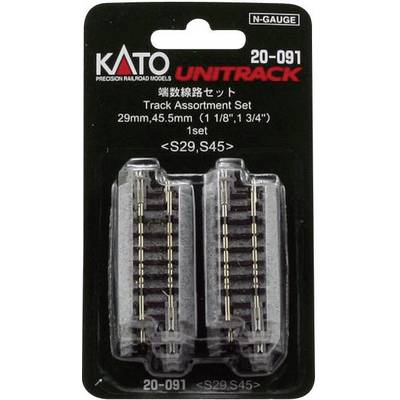 Packaging of Kato Unitrack 'Track Assortment' Set, N Gauge, containing track pieces with lengths of 29 mm and 45.5 mm.