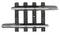 A short piece of railway track, possibly a toy or model railway component, with black sleepers and silver rails.