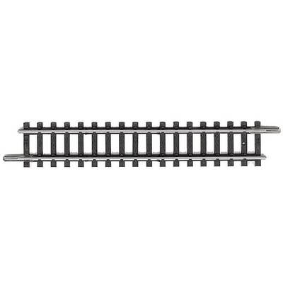 Rails for model railway, straight, made from black plastic with silver rails.