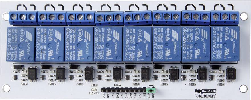 'Electronic relay module with eight blue relays and integrated power connections, suitable for diverse control applications.'