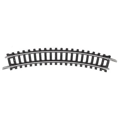 Curved model railway track in close-up view, made of black plastic with silver rails.