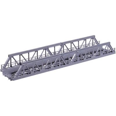 Metal model of a bridge with truss design, consisting of multiple triangular structures. Simplified engineering structure.