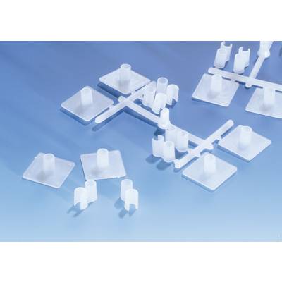 White plastic components on a light blue surface, arranged in a grid. Use for assembly or mounting purposes.