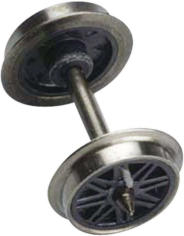 Metal wheel pair with axle, typical spare part for model railways.