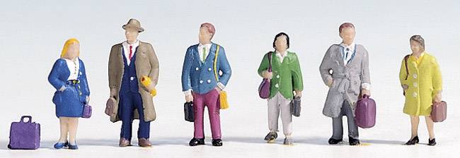 Six miniature figures in colourful business attire with briefcases and suitcases, standing side by side on a light background.