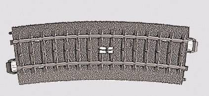 Curved railway track on a grey background, close-up detail of model railway accessory.