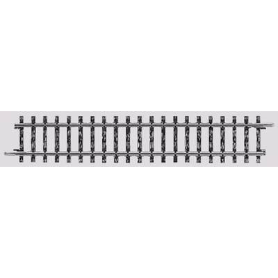 A single model railway track, consisting of parallel rails and cross-sleepers.