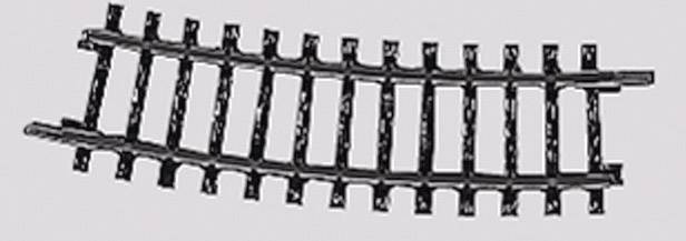 A curved railway track gently sloping to the left, made of black, robust material, set against a grey background.