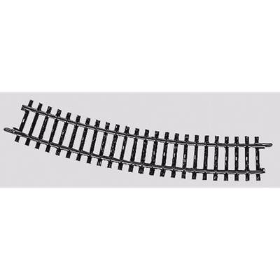 Toy train track, curved section, black plastic construction.