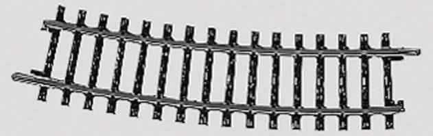 A curved model railway track made of black metal, shown against a grey background.