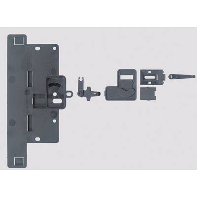 Disassembled black locking mechanism, comprising multiple components, against a grey background.