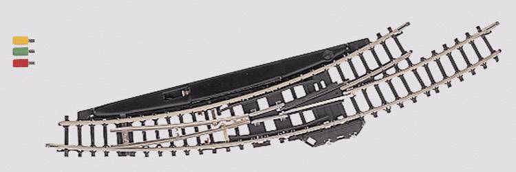 A model railway track with points, shown on a curved section. Coloured bars in yellow, red, and green are positioned in the top left corner.