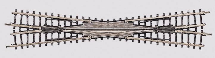 Crossover point for model railways, where two track lines intersect, enabling changes in direction.