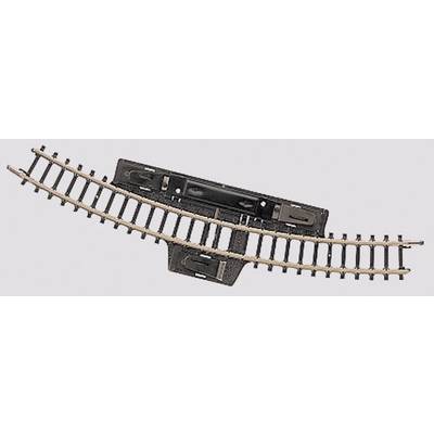 Point for model railway in curved form, double-track, on a grey background. Primarily manufactured from metal.