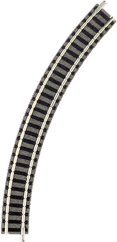 Curved model railway track, consisting of two parallel rails with sleepers, on a light background.