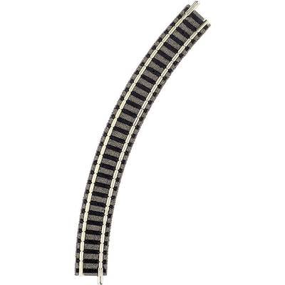 Curved model railway track, consisting of two parallel rails with sleepers, on a light background.