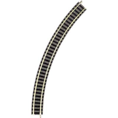 Curved model railway track made of metal with uniform sleeper spacing. Left shows inner curve, right shows outer curve.