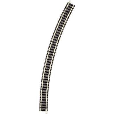Curved model railway track for H0 gauge, two rails on dark sleepers, large radius, typical for model building.